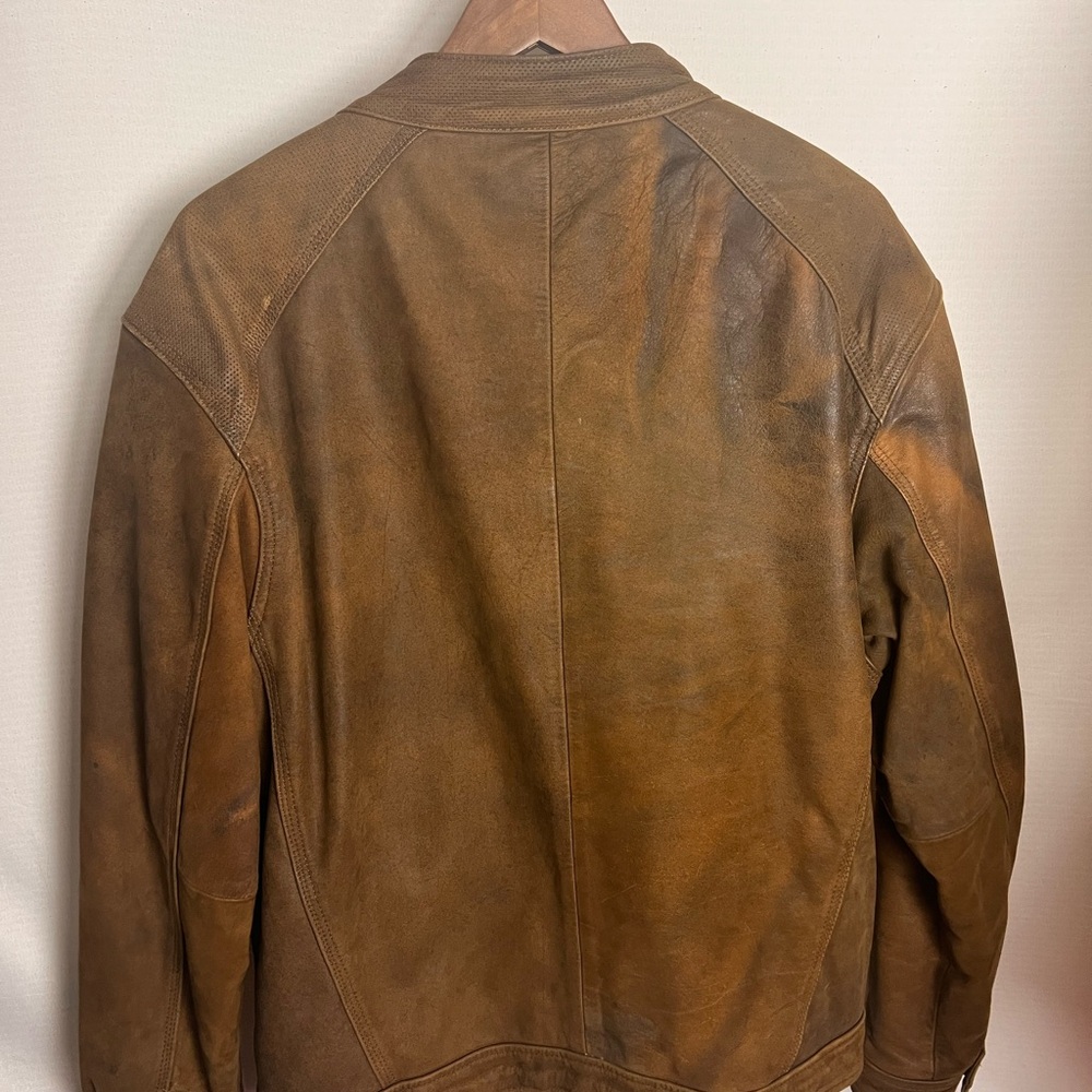 Men's Tan Leather Bomber Jacket - Picture 4 of 10